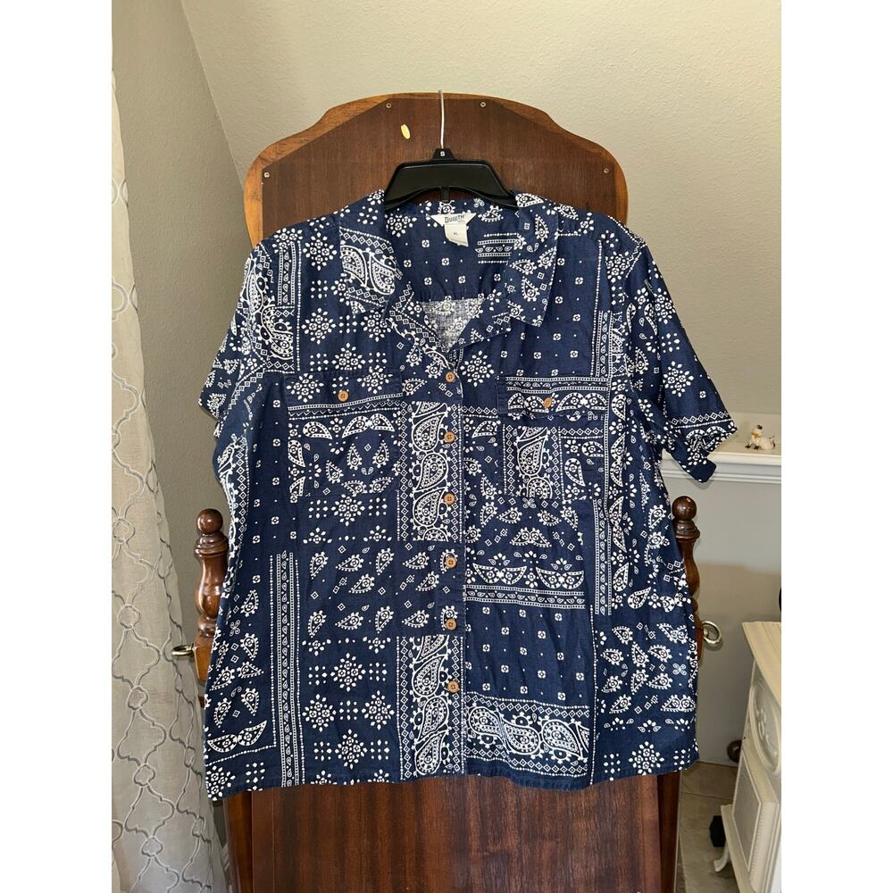 Duluth Trading Co Button Up Shirt Mens XL Blue Bandana Americana Hemp Cotton
